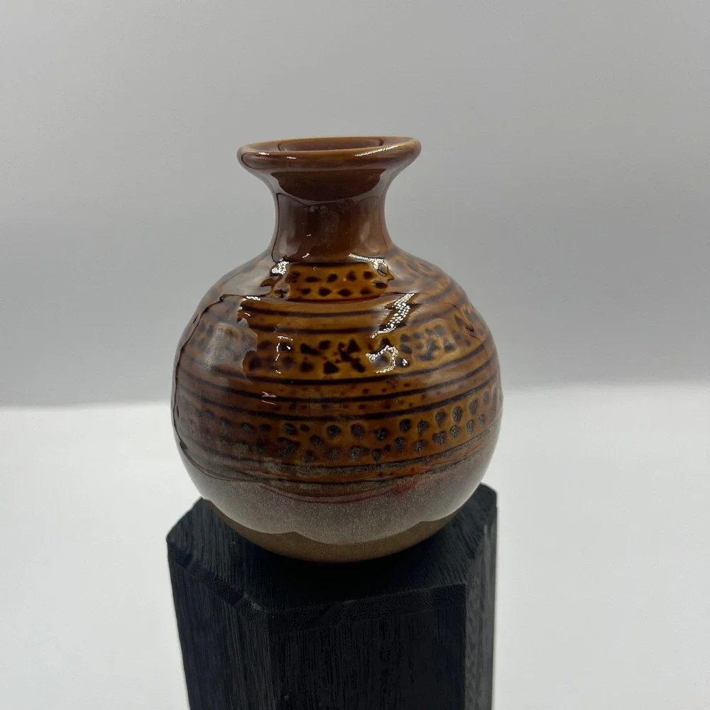 Vintage‎ Handmade Brown Glazed Pottery Bud Vase Textured Earth Tone Ceramic